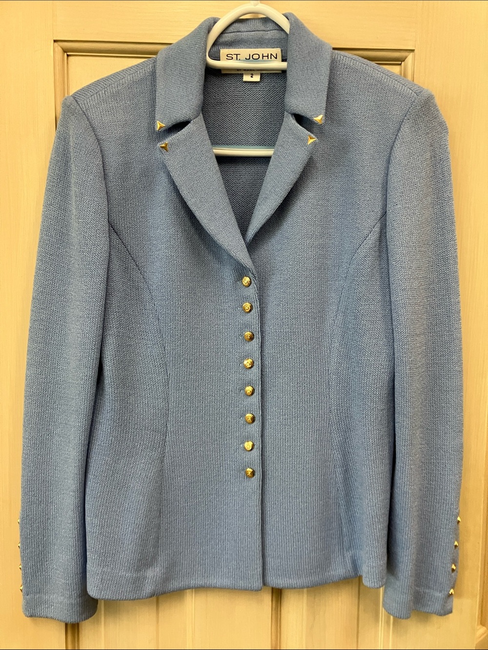 St. John Collection Powder Blue Knit Jacket with Gold Buttons and Collar Accents